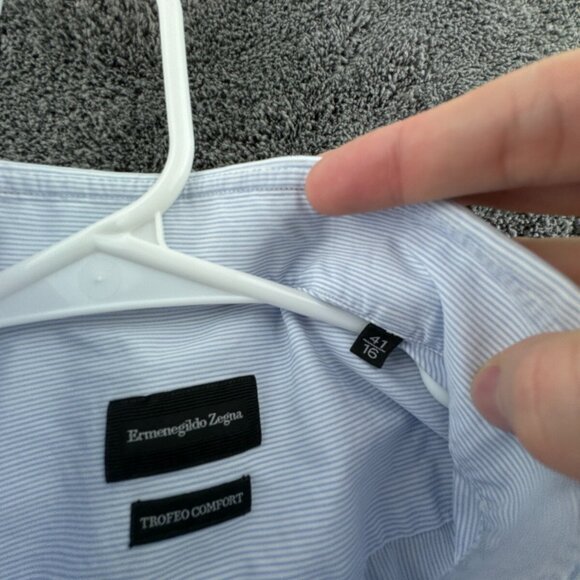 Ermenegildo Zegna Trofeo Comfort Button Up Shirt Tailored Fit 41 16 Blue Striped - Picture 8 of 14